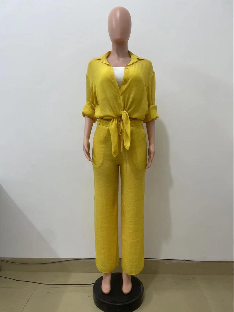 Y6020 Women's European & American Casual Two-Piece Set: Long-Sleeved Shirt & Straight Pants for Spring & Autumn 2024