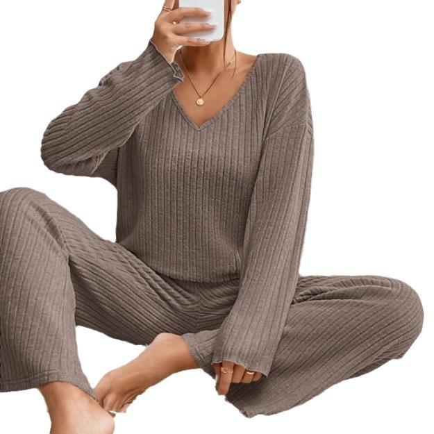Autumn and Winter Women's Knitted Pit Stripe Milled Long Sleeve Suit V-Neck Loose Casual Pant Suit