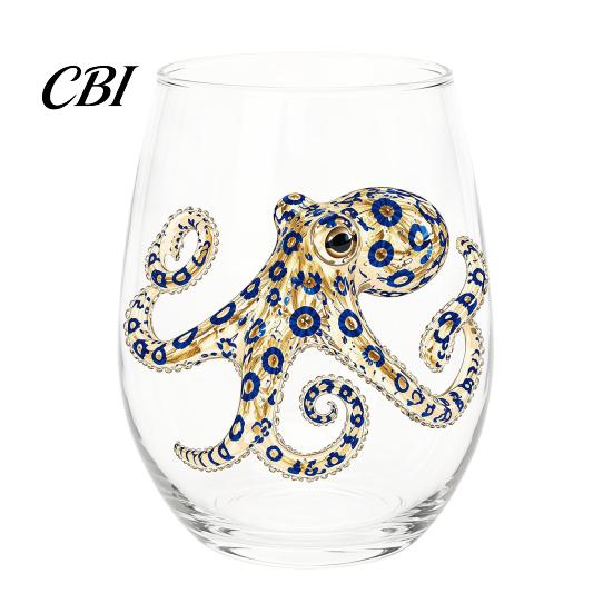 Handmade Borosilicate Glassware Marine Theme Wine Glass, Single Layer Stemless Elegant Glass for Home 400ml Capacity Drinkware Bar And Coffee