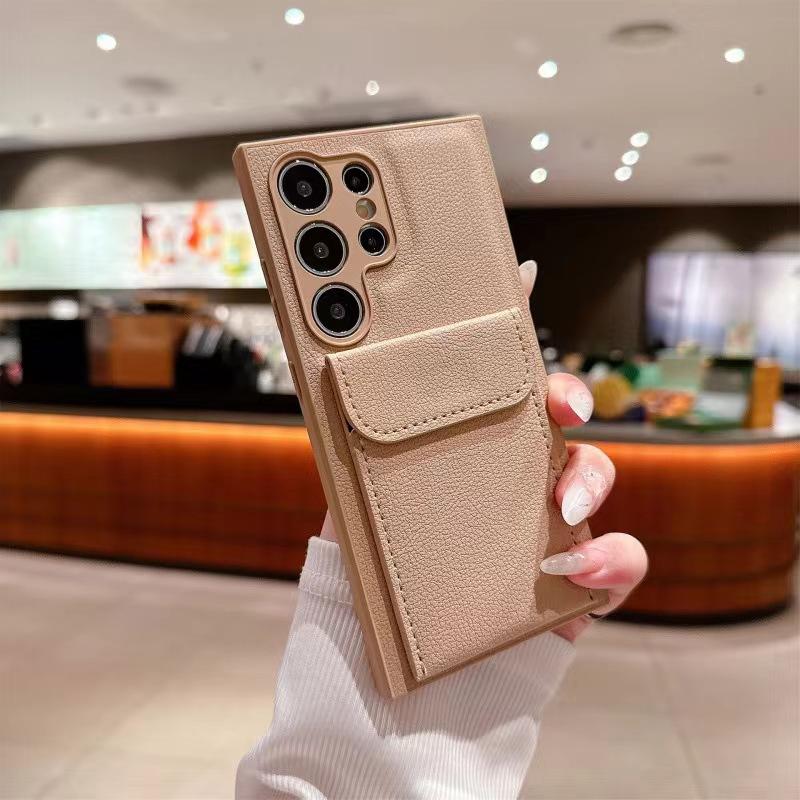 Применимо к чехлу для мобильного телефона Samsung S26Ultra, сумка-кошелек с вставкой для карт, личи-паттерн, подставка, S25, деловой, противоударный, защитный чехол