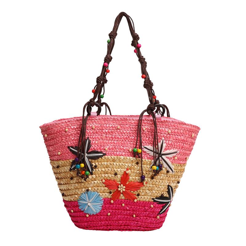 2026 New Bohemian Starfish Straw Tote Bag Women Beaded Handle Large Capacity Shoulder Bag Summer Beach Vacation Travel Handbag