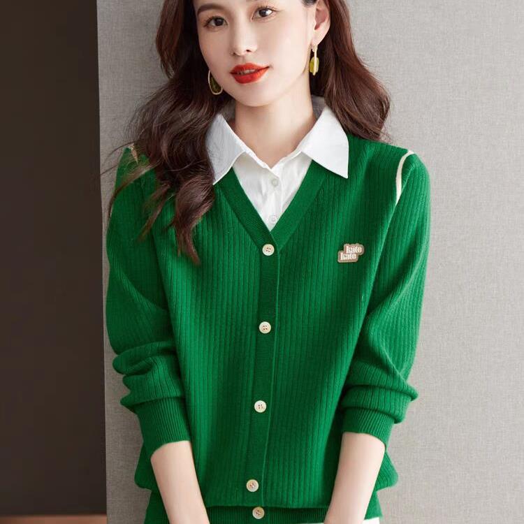 Поддельный женский свитер из двух частей, осенне-зимний, новый, с длинными рукавами, воротником, трикотажной низкой