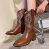 New Autumn Winter Women's Boots Vintage Retro Embroidery Brown Thick Heels Boots Knight Boot Western Cowboy Boots Botas Mujer
