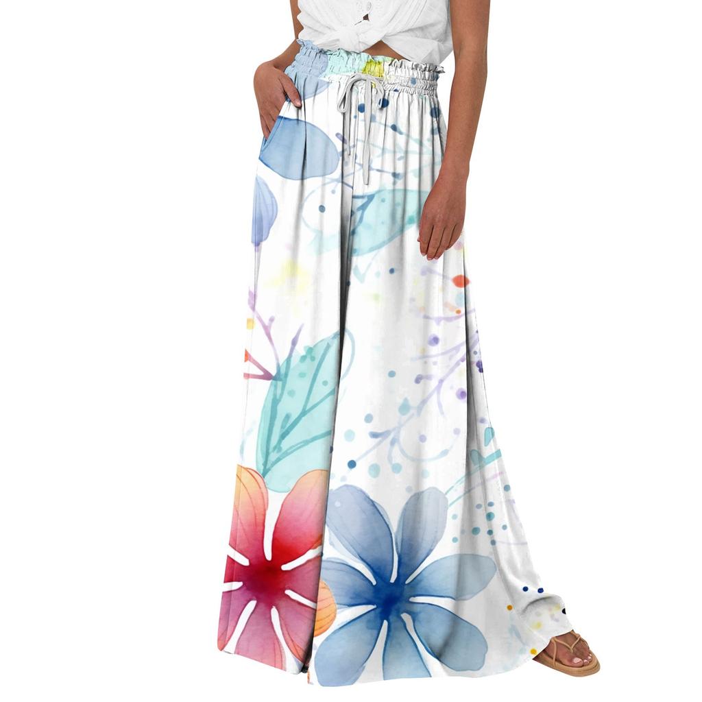 Женские широкие брюки с высокой талией, летние повседневные струящиеся брюки-палаццо, пляжные брюки с цветочным принтом и карманом