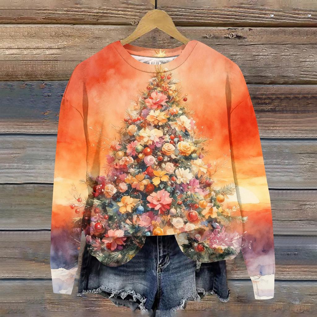 Женская модная рождественская принтованная толстовка с длинным рукавом и круглым вырезом