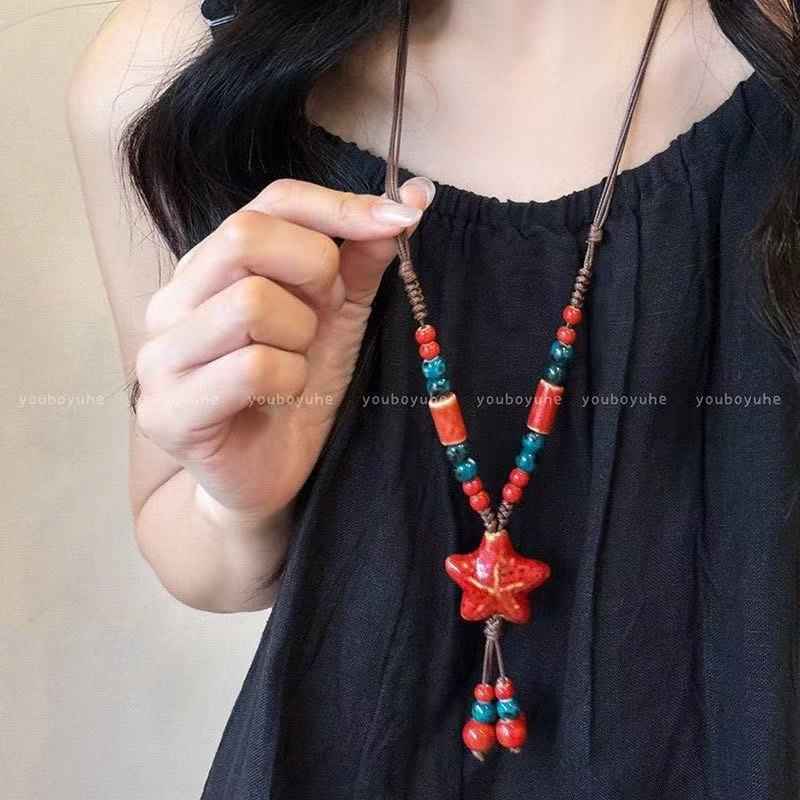 New Chinese ethnic style retro bohemian Jingdezhen ceramic braided rope necklace high-end female Zen accessories