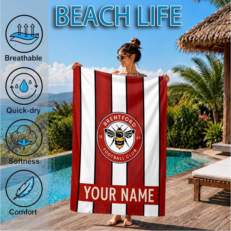 Custom Name Beach Towel Brentford Football Club Crest Soft and Quick-drying Beach Towel, Suitable for Travel, Swimming Pool, Gym, Yoga, Gifts