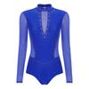 Womens Gymnastics Figure Skating Leotard Long Sleeve Sheer Mesh Sparkle Rhinestone Bodysuit