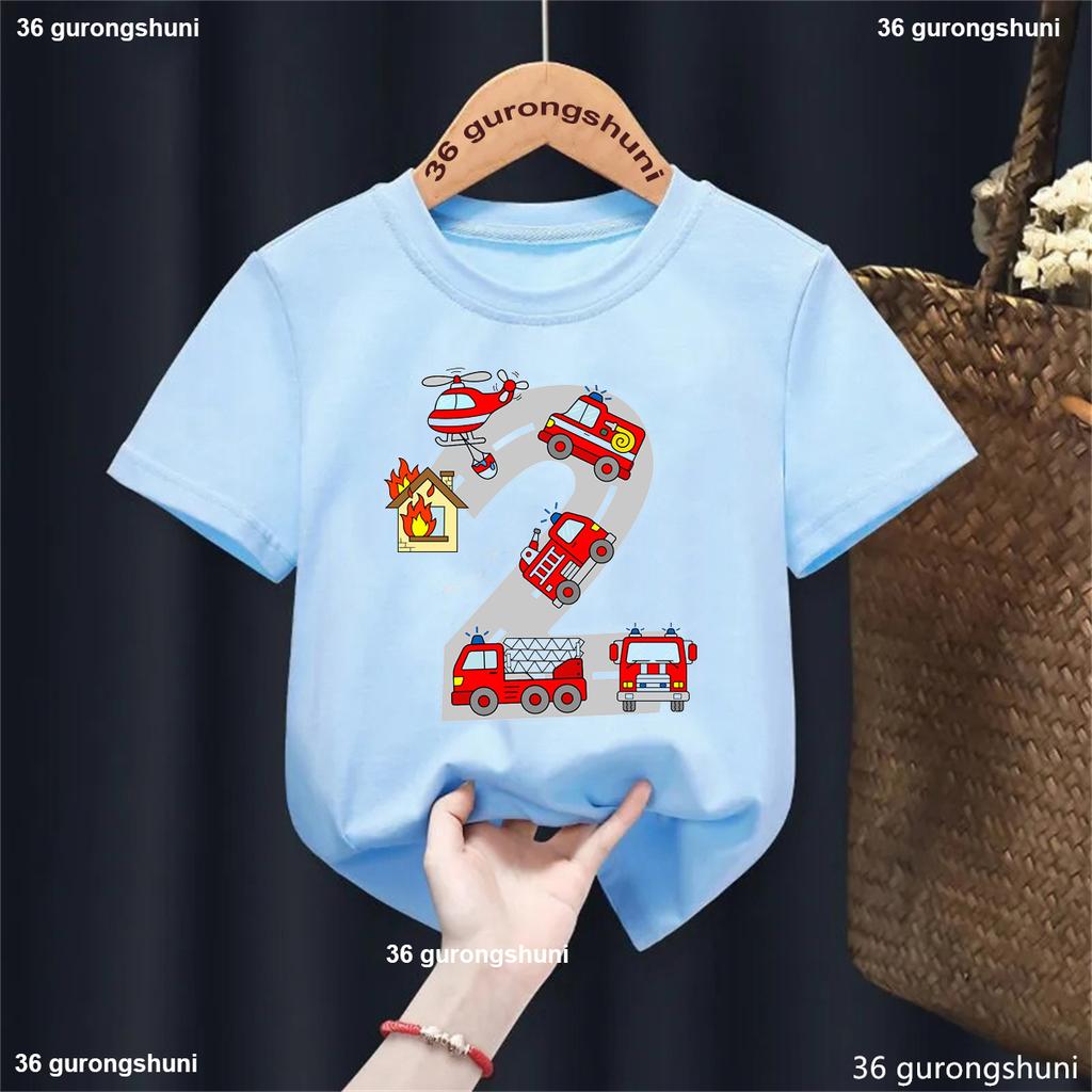 Birthday Gift Famer Tractor Fire Truck Aircraft Printed T Shirt Boys Kawaii Kids Clothes White/Blue/Yellow T-Shirt