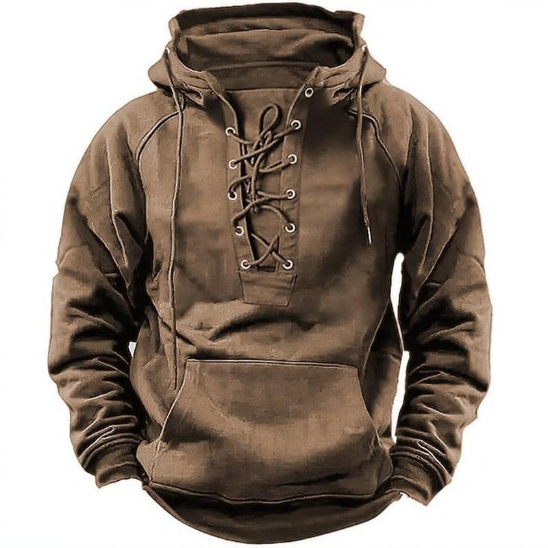 Men's Outdoor Retro Lace-Up Hooded Long-Sleeve T-Shirt - Solid Color, Large Size, Autumn Casual Top