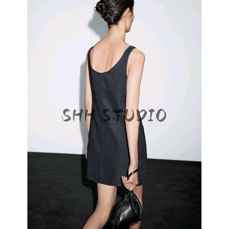 MD Early Autumn New Women Clothes Minimalist High Sense of Intelligence Gold Sense Short U-Collar Sleeveless Jumpsuit Short Dress 6641800