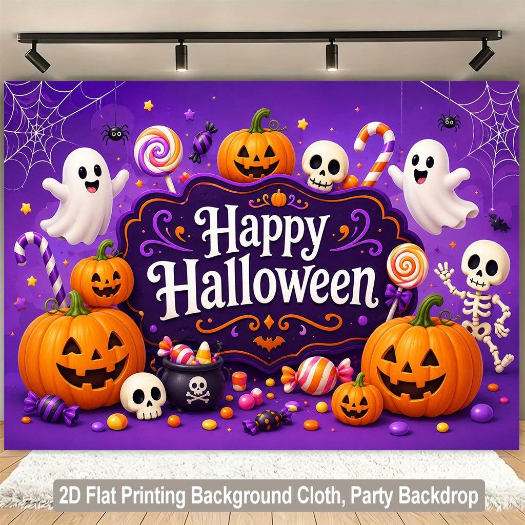 1 piece of 2D flat background fabric, Halloween happy pumpkin, ghost, skull, candy, spider background fabriczyc