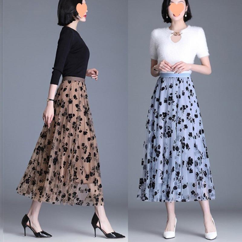 Korean Women Mesh Skirt Fashion Hook Flower Loose Midi Skirt Elegant Female Casual All Match Skirts Summer