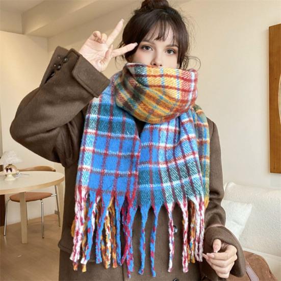 Women Scarf Plaid Pattern Cashmere Feel Plush Scarf with Tassel Decoration Travel Sweater Coat Accessory