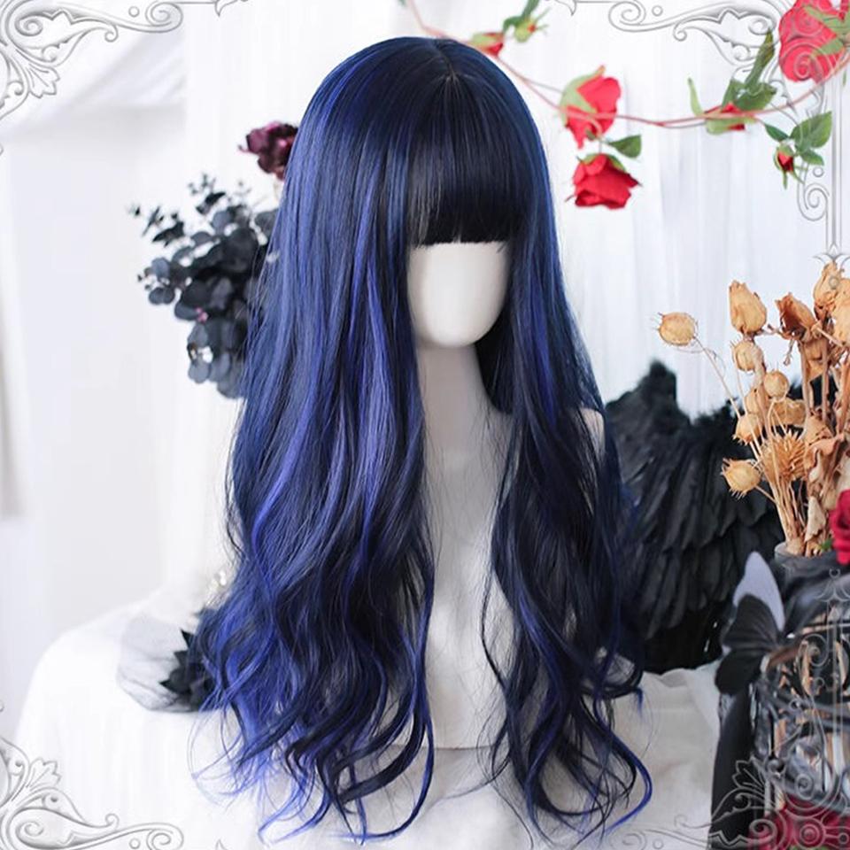 Синтетический парик женский классический элегантный Лолита черный мелирование с синей прямой челкой длинные вьющиеся волосы косплей рождественский вечерний парик