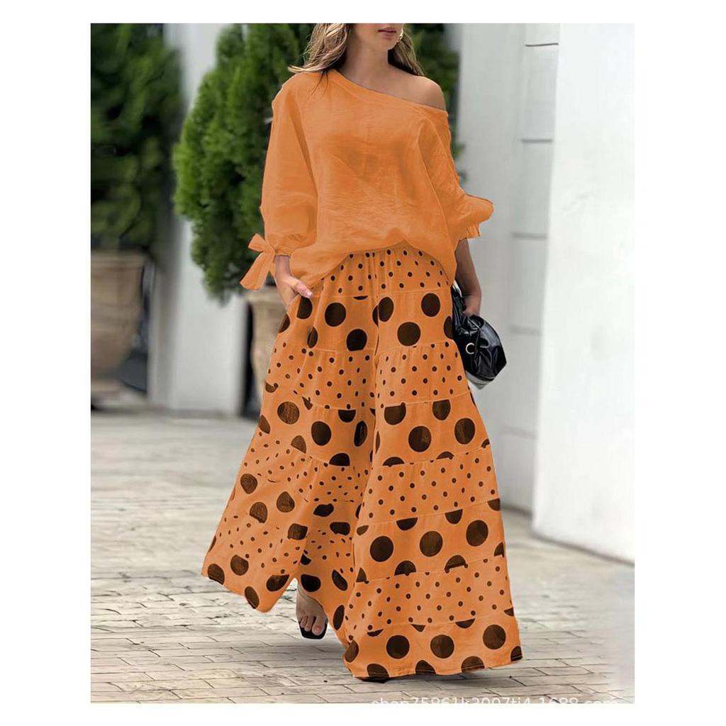 Модные образы High Street Комплект из 2 предметов Сексуальная блузка однотонная с диагональным вырезом + Комплекты с широкими брюками Элегантный женский костюм с принтом в горошек