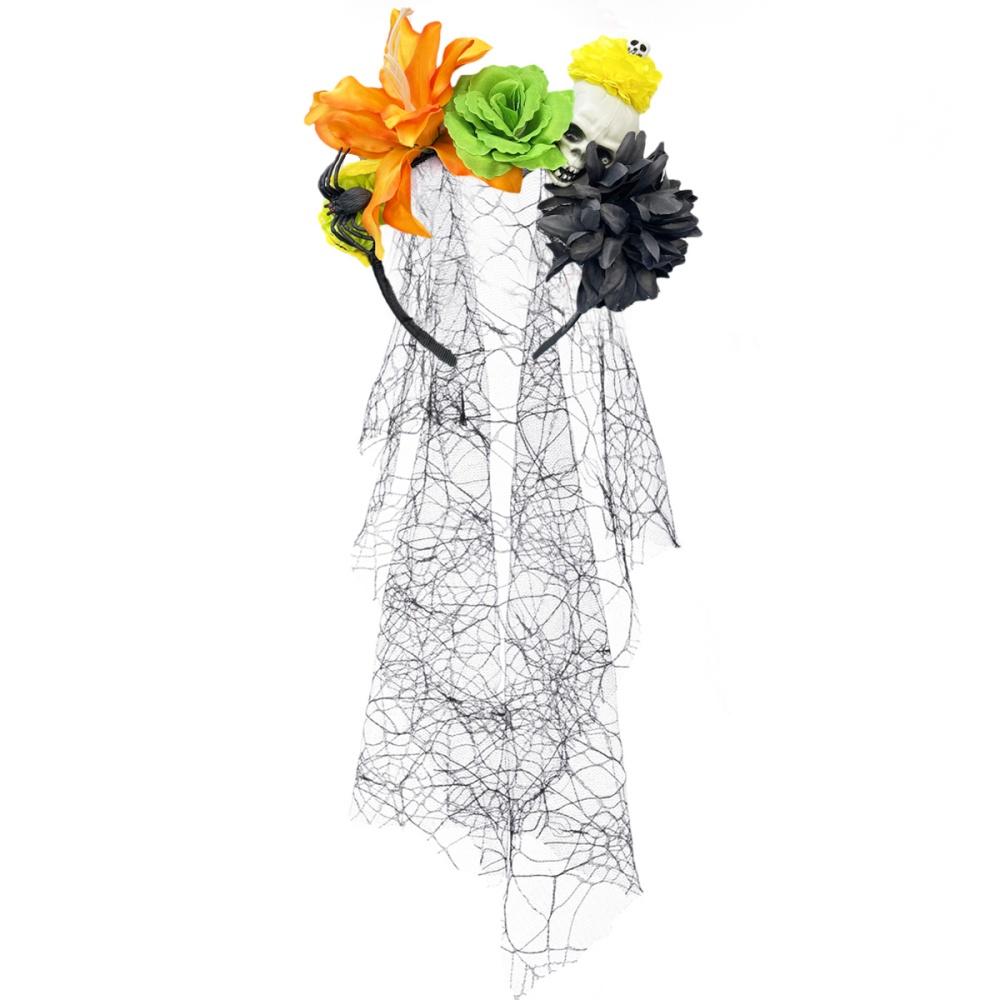 Day Of The Dead Headpiece Comfortable Skull Rose Headband Cosplay Crown Exaggerated Black Veil Floral Hair Band For Cosplay