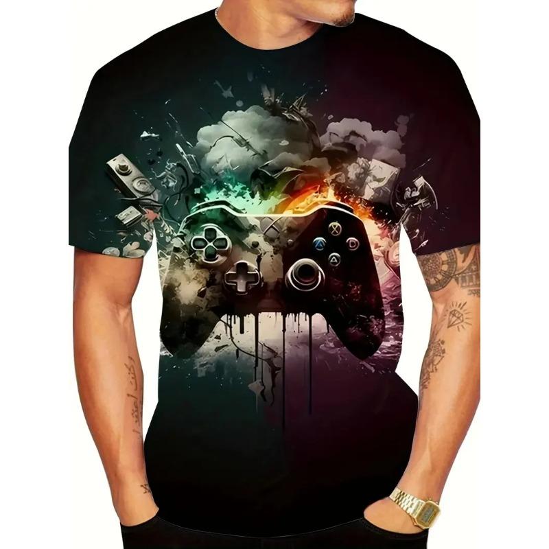 3D Digital Print Men's Casual Vibrant Neon Game Controller Design T-Shirt New In Crew Neck Short Sleeve Gamer T Shirt For Men