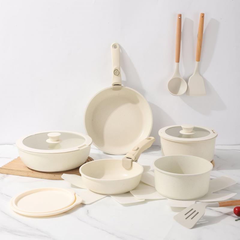 Съемная ручка Набор посуды Гранитное покрытие Антипригарные кастрюли Кастрюля для молока Сковорода Сотейник Компактный кухонный набор Штабелируемое хранение Индукционная плита Кастрюля