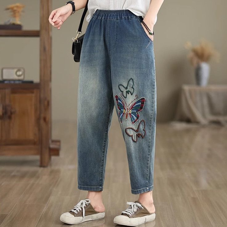 Plus-size Nine-point Haren Pants Butterfly Embroidered Embroidered Vintage Elastisted Jeans for Women