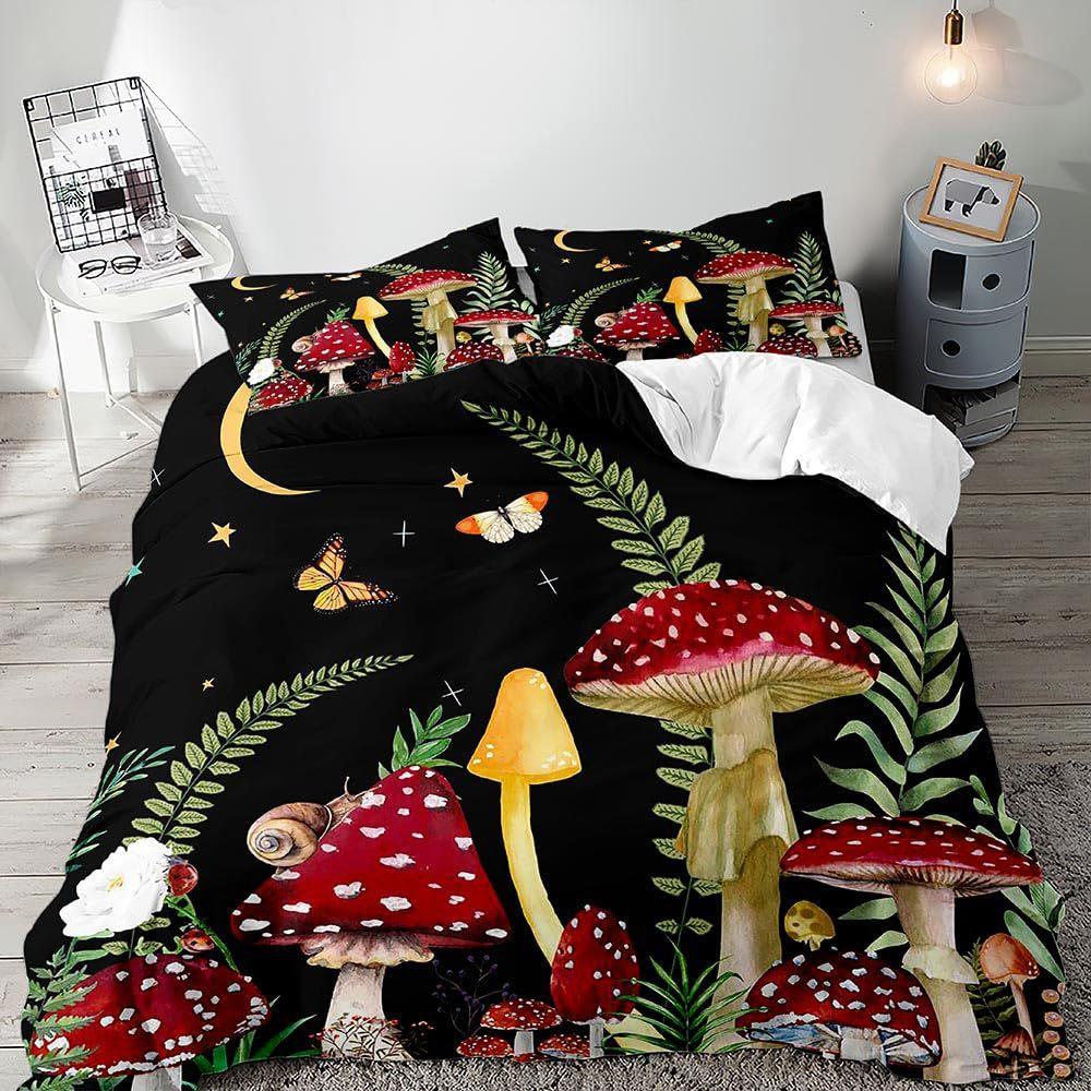Mushroom Pattern Duvet Set 3D Digital Printing Set Wild Plant Bedding Set