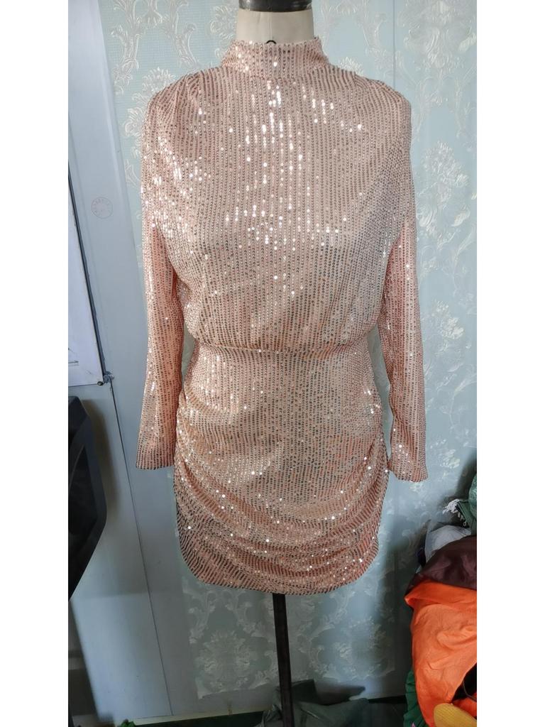 2025 Женское сексуальное платье миди бодикон с V-образным вырезом и длинными рукавами, украшенное пайетками, с короткой юбкой на завязках