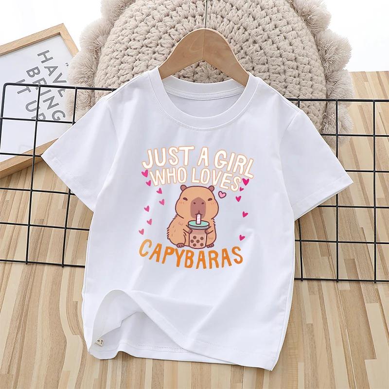 Capybara Child Short Sleeve T-shirt Girls Cartoon Capybara Letters A-Z Cotton Tops Kawaii Summer Casual Tees Kids Birthday Gifts