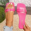 Fashion Luxury Rosy Red Flat Slippers for Women Summer Beach Buckle Decor Square Toe Sandals New Transparent Band Low Heel Slides Mujer