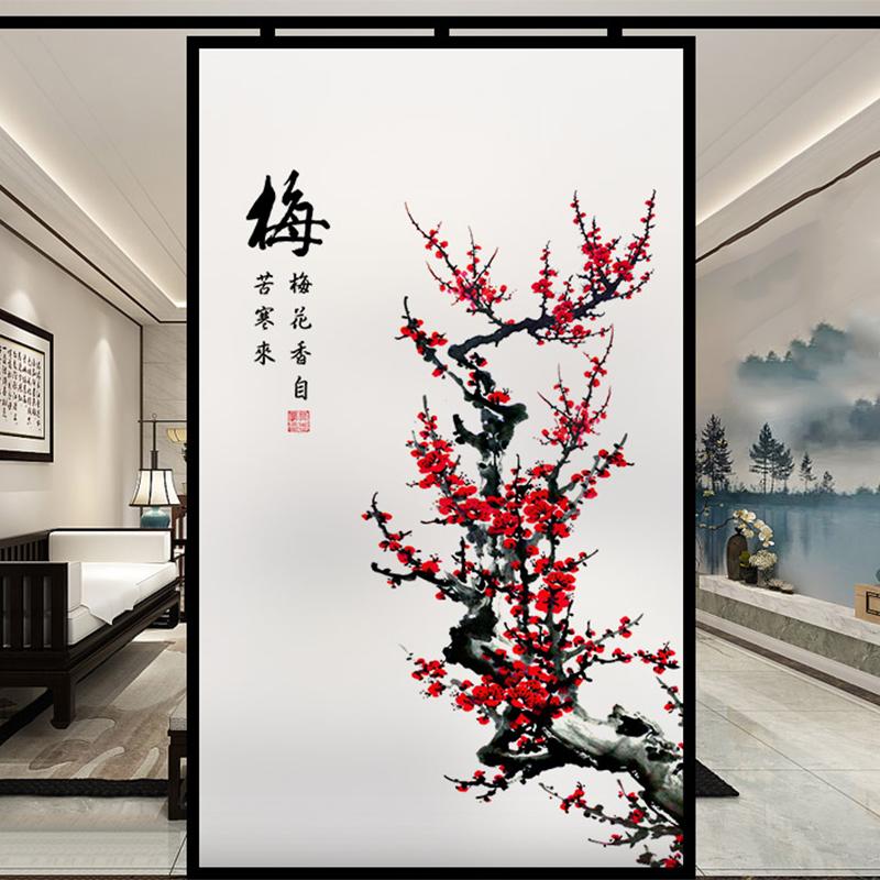 Chinese Ink Bamboo Orchid Flower Painting Glass Film Privacy Windows Film Static Cling Home Decor Stained Window Stickers