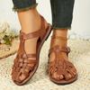 2025 New Knitted Round Headed Woven Flat Sandals Retro Solid Color Back Empty Sandals Belt Buckle