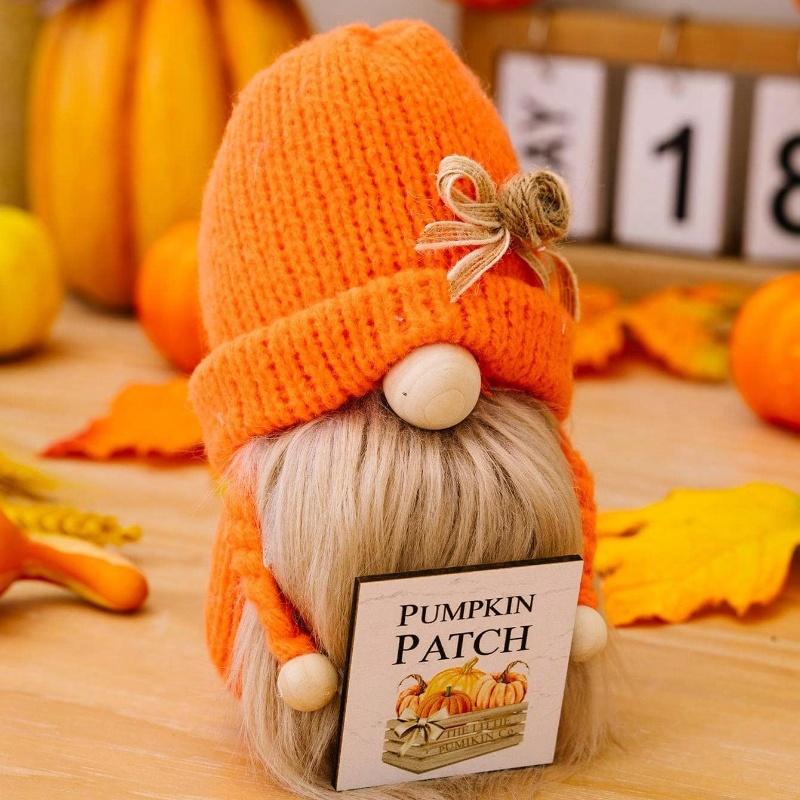 Autumn Bow Knitted Hat, Wooden Plaque, Faceless Doll, Festival Decoration Doll, 1 Piece