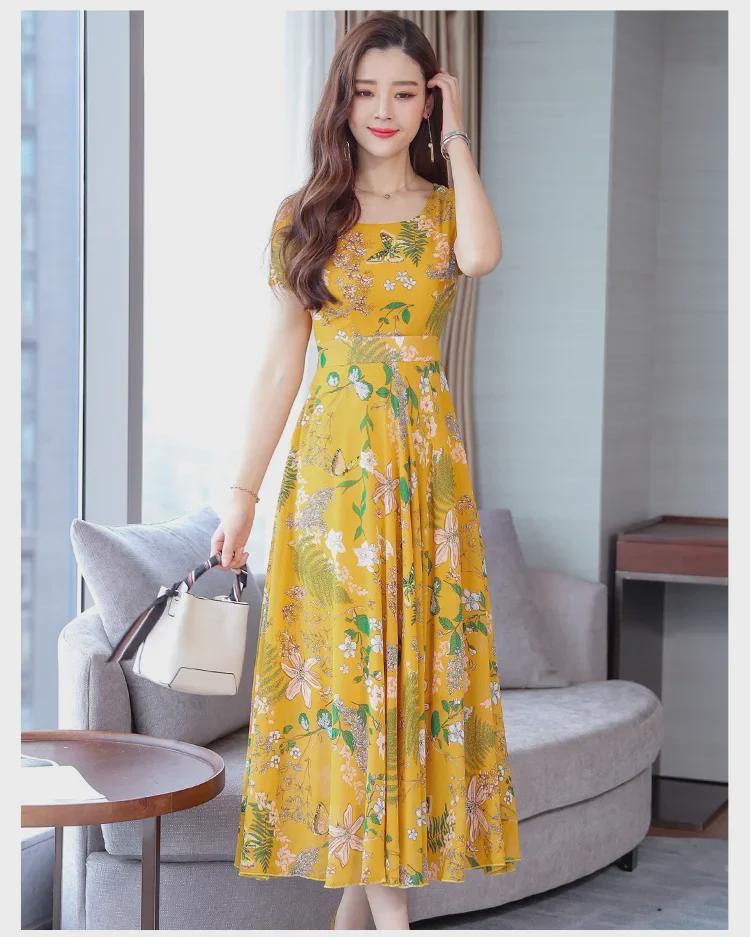 Женское платье длиной до колена с короткими рукавами, цветочным принтом, круглым вырезом и приталенным кроем, лето 2021 г.