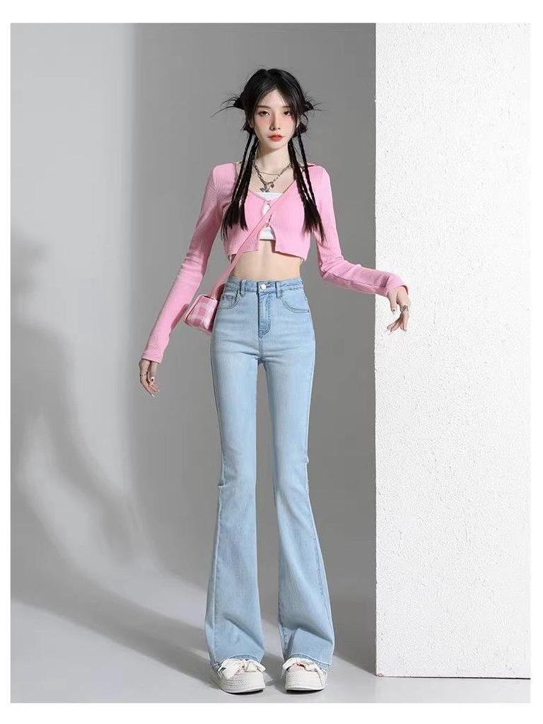 Женские джинсы клеш ретро светло-голубого цвета с высокой посадкой - Маленький размер, стрейч, облегающие