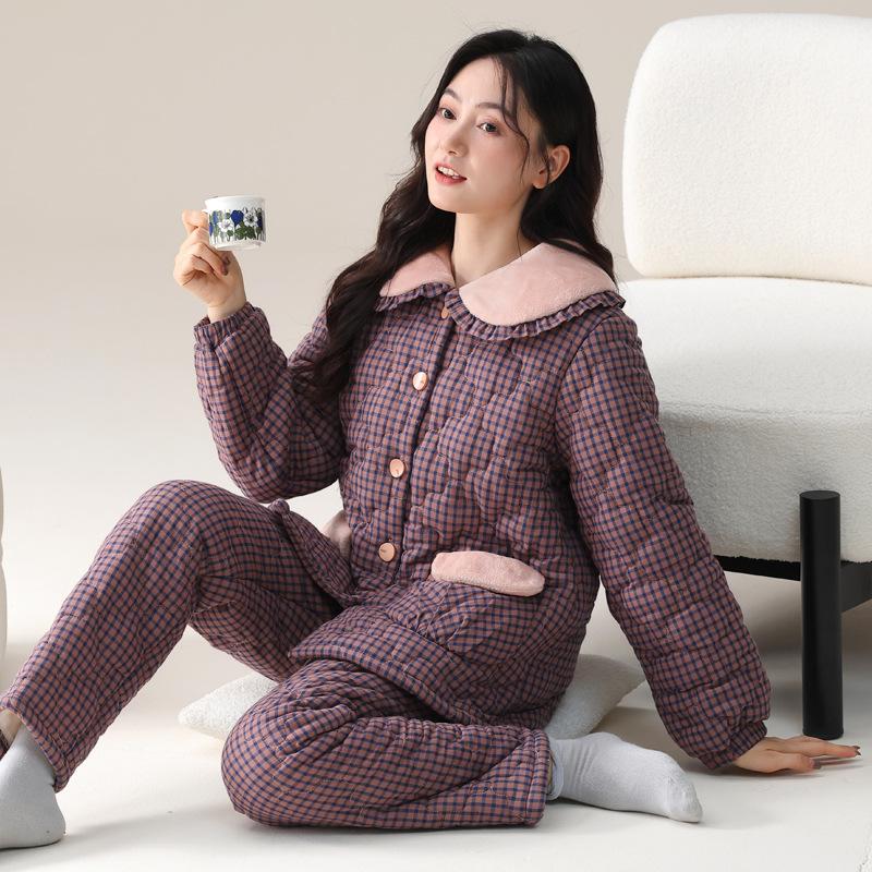 Пижама женская зимняя бархатная трехслойная утолщенная тканая чистый хлопок с хлопковой подкладкой осень-зима для мамы среднего возраста стеганая куртка домашняя одежда