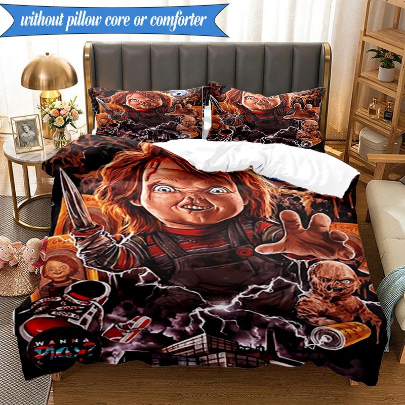 Chucky's Halloween Horror 3pcs K-pop music group Bedding set,Ideal for Bedroom, Dormitory,Including Duvet Cover And 2pcs Pillowcases,Fan gifts