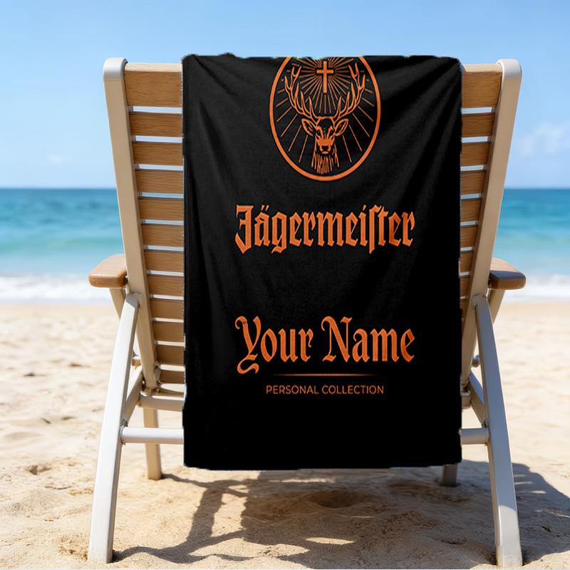Custom Name Beach Towel Jager-meister Spirit Drink Beach Towel, Soft Microfiber, Gift for Her/Him, Birthday, for Pool, Beach, Travel, Fan gifts