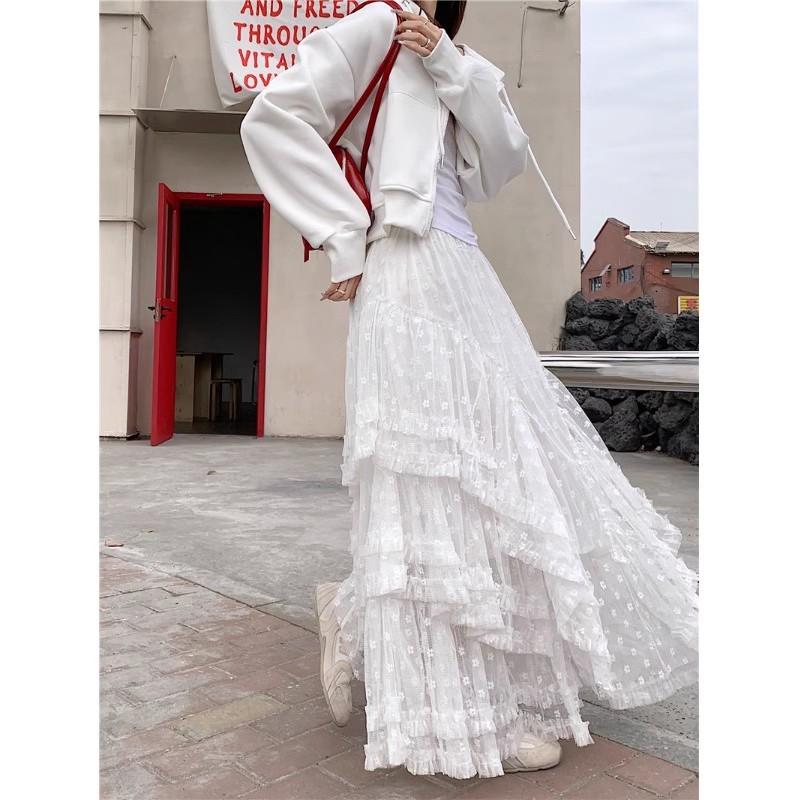 Dimanaf 2025 Весна Женские Новые Юбки Винтаж Свободные Эластичные Плиссированные Элегантные Белые Длинные Юбки Кружева Высокая Талия