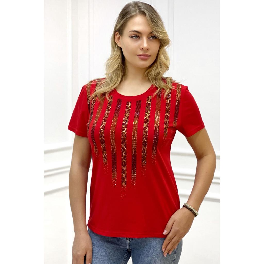 Хлопковая черная женская футболка с коротким рукавом и круглым вырезом с леопардовым принтом и кристаллами больших размеров