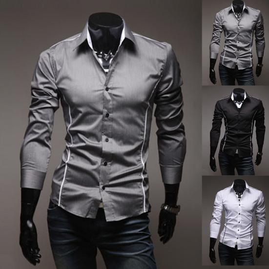 Men Shirt Contrast Colors Turn-down Collar Single-breasted Slim Spring Shirt for Work