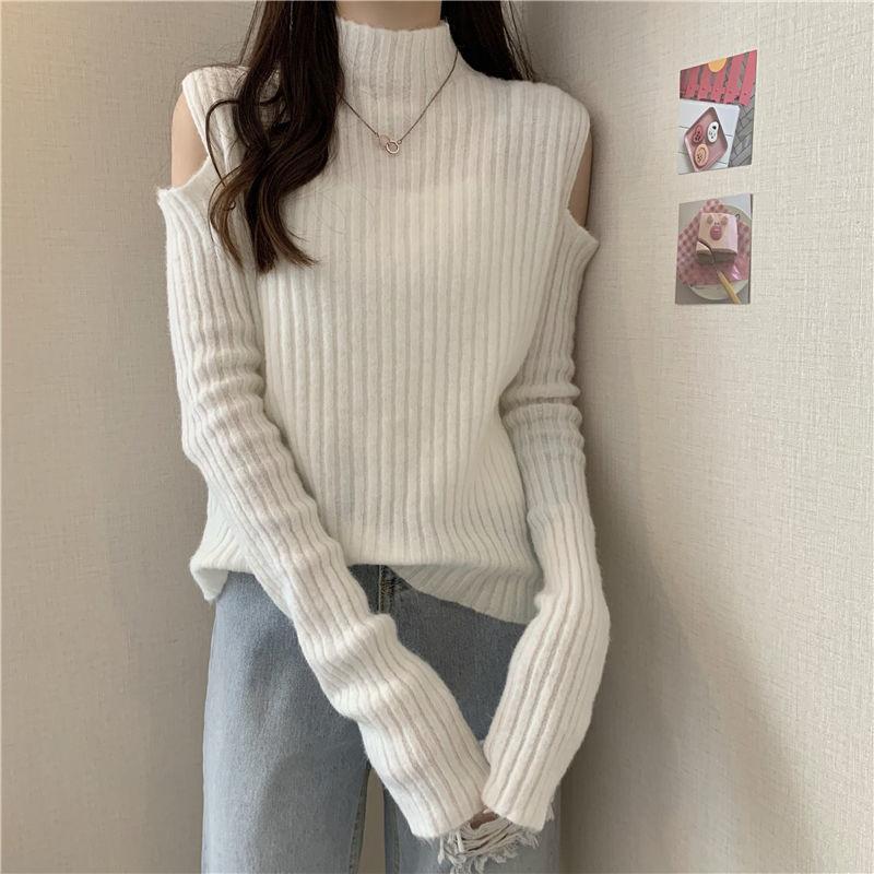 Women Turtleneck Sweaters Autumn Winter Loose Pullovers Knitted Jumper Off Shoulder Fashion Casual Knitted Sweater White Black Long Sleeve Tops