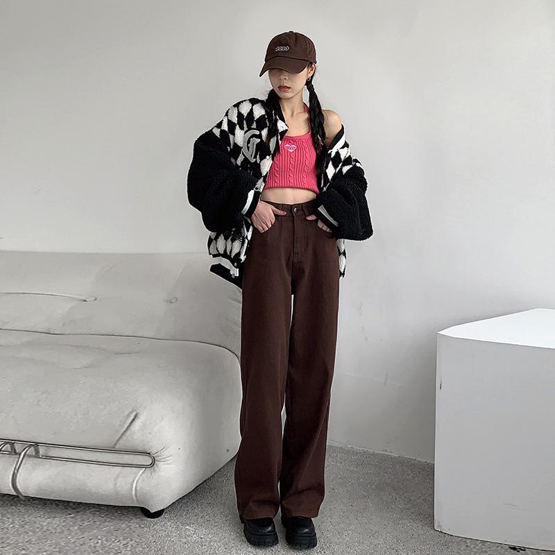 Коричневые джинсы, женские летние мешковатые прямые широкие брюки с высокой талией, женские повседневные уличные брюки Y2k, винтажные джинсовые брюки