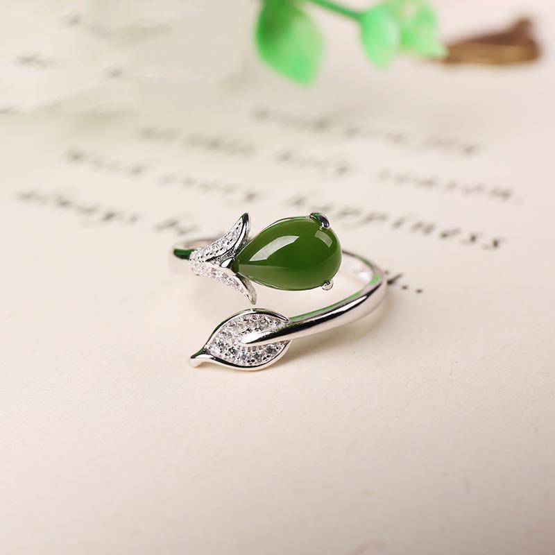 Оригинальное новое натуральное нефритовое листовидное кольцо-капля, открывающееся регулируемым способом, элегантное очарование, креативные ретро женские украшения