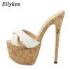 Модные Eilyken Сексуальные Супер Высокие Каблуки Шлепанцы Сандалии Женские из ПУ Кожи Вечерние Туфли Модная Платформа Открытый Носок Слипоны Мюли