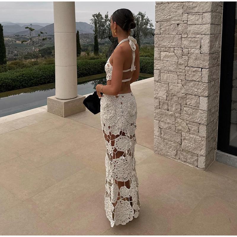 Вязаное крючком ажурное платье макси с бретельками через шею, модное женское облегающее сексуальное платье с открытой талией и открытой спиной, летнее пляжное платье
