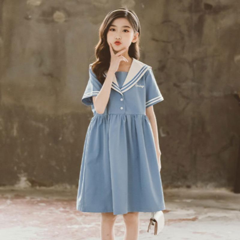 Весна и лето Новое платье принцессы с коротким рукавом и воротником для девочек