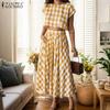 ZANZEA Women Short Sleeve Blouse and Long Skirts Plaid Print Two Piece Sets