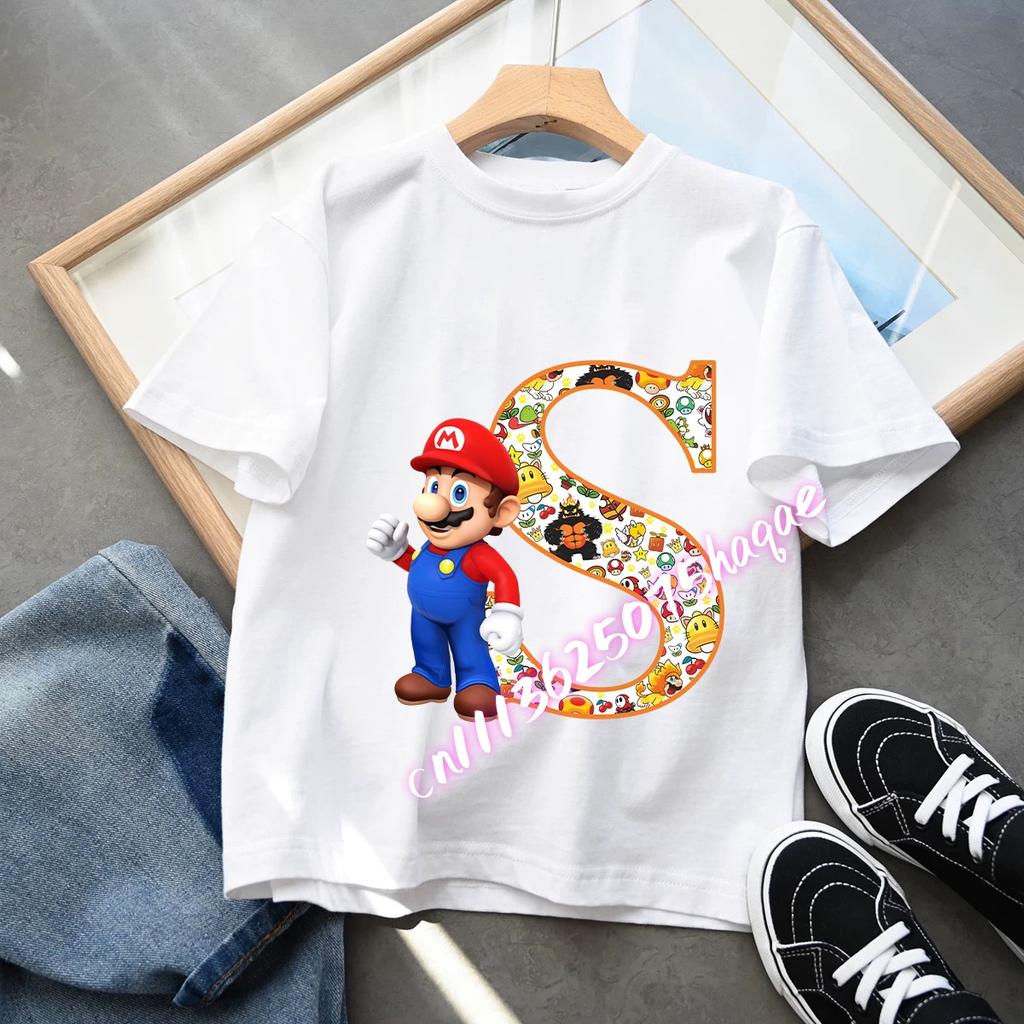 2026 Super Mario Boys and Girls Cartoon letter AZ Printed Birthday Clothing Childrens Fashion Short Sleeve Role Playing Top