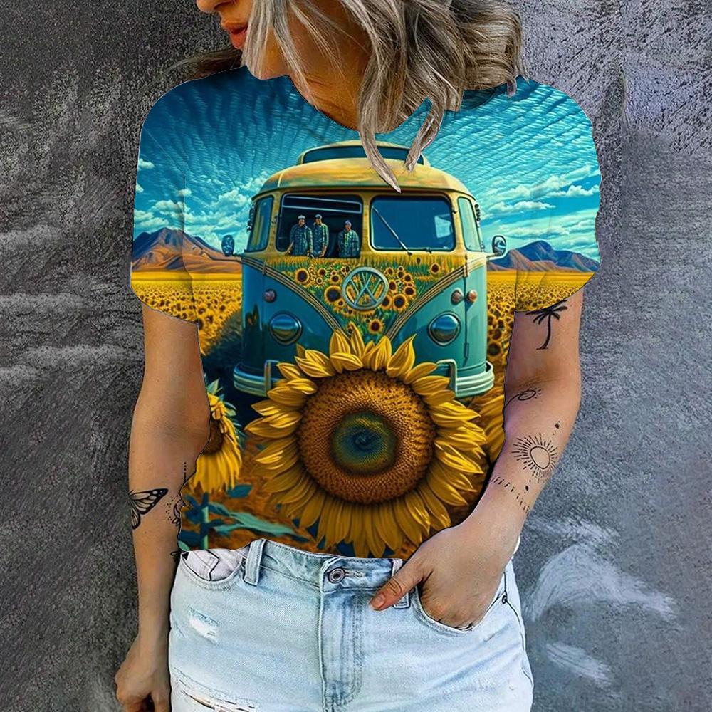 2024 Women's Summer Women's T-Shirt Retro Sunflower Pattern Print T-Shirt Fashion Popular Women's Leisure Short Sleeve T-Shirt