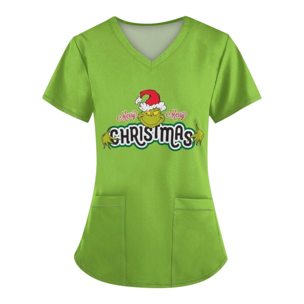 Женские модные топы с короткими рукавами и V-образным вырезом с принтом, рабочие футболки с карманами