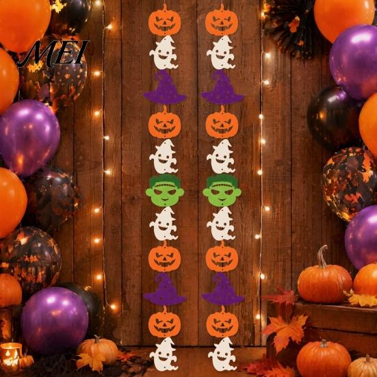 Non-woven Fabric Holiday Ornaments Halloween Party Felt Hanging Garland, Creepy Pumpkin Ghost Skull Witch Hat Living Room Wall Streamer, Horror Banner